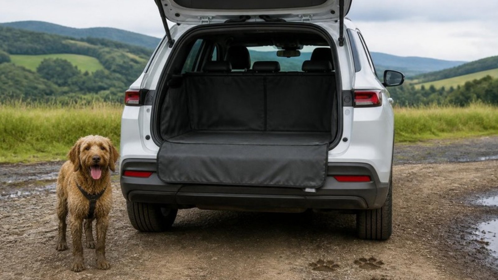 Modern SUV with open boot and dog with muddy paws beside it