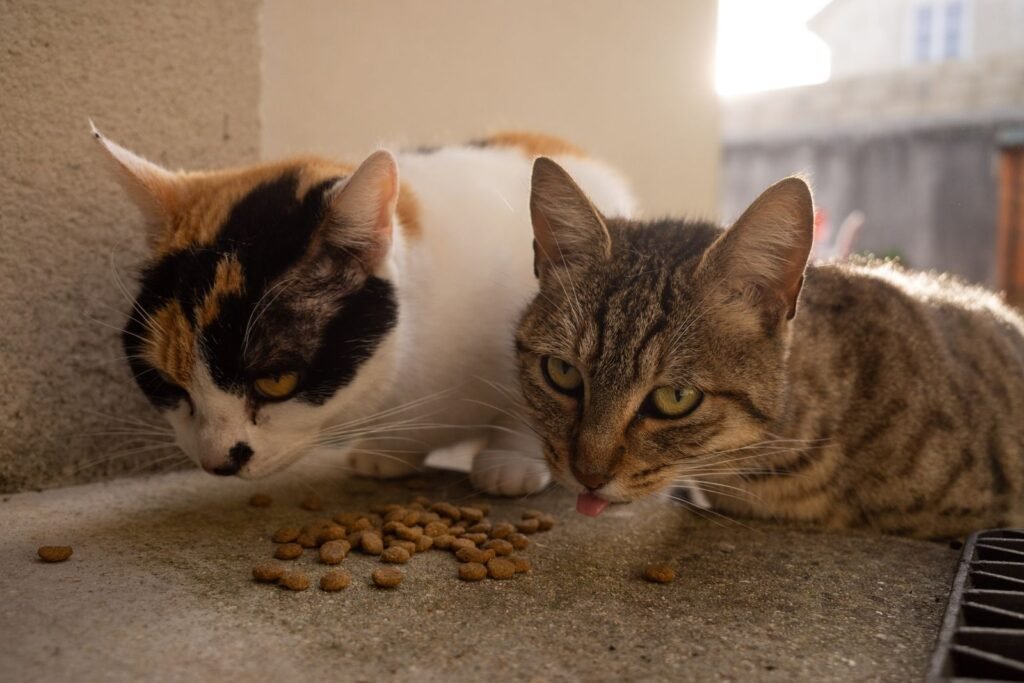 Two cats eating dry food outside in sunlight