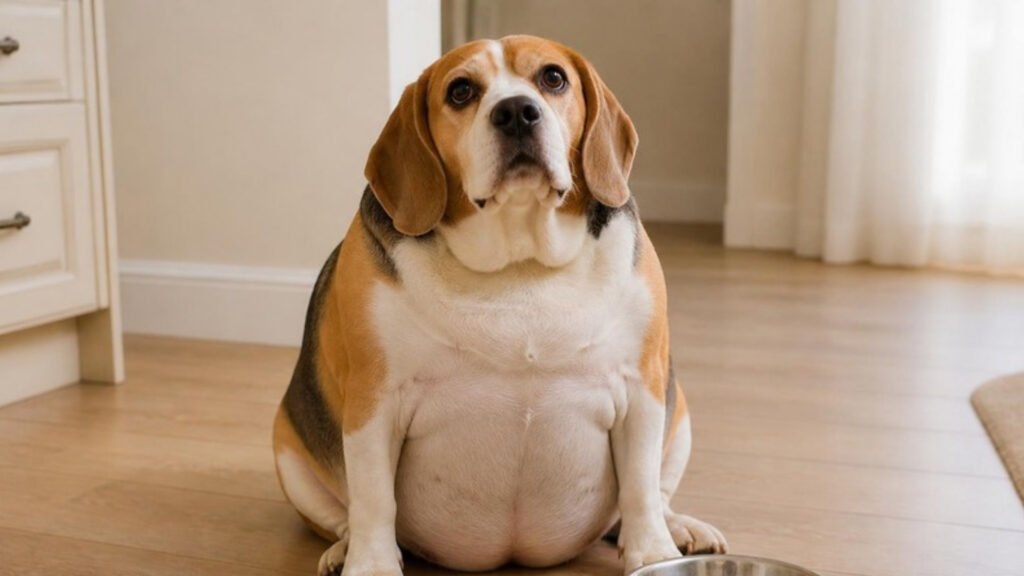 Overweight beagle dog sitting beside its empty food bowl, in need of a weight-management diet