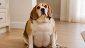 Overweight beagle dog sitting beside its empty food bowl, in need of a weight-management diet