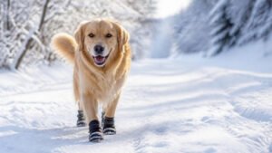 Golden retriever running through fresh snow wearing winter dog boots